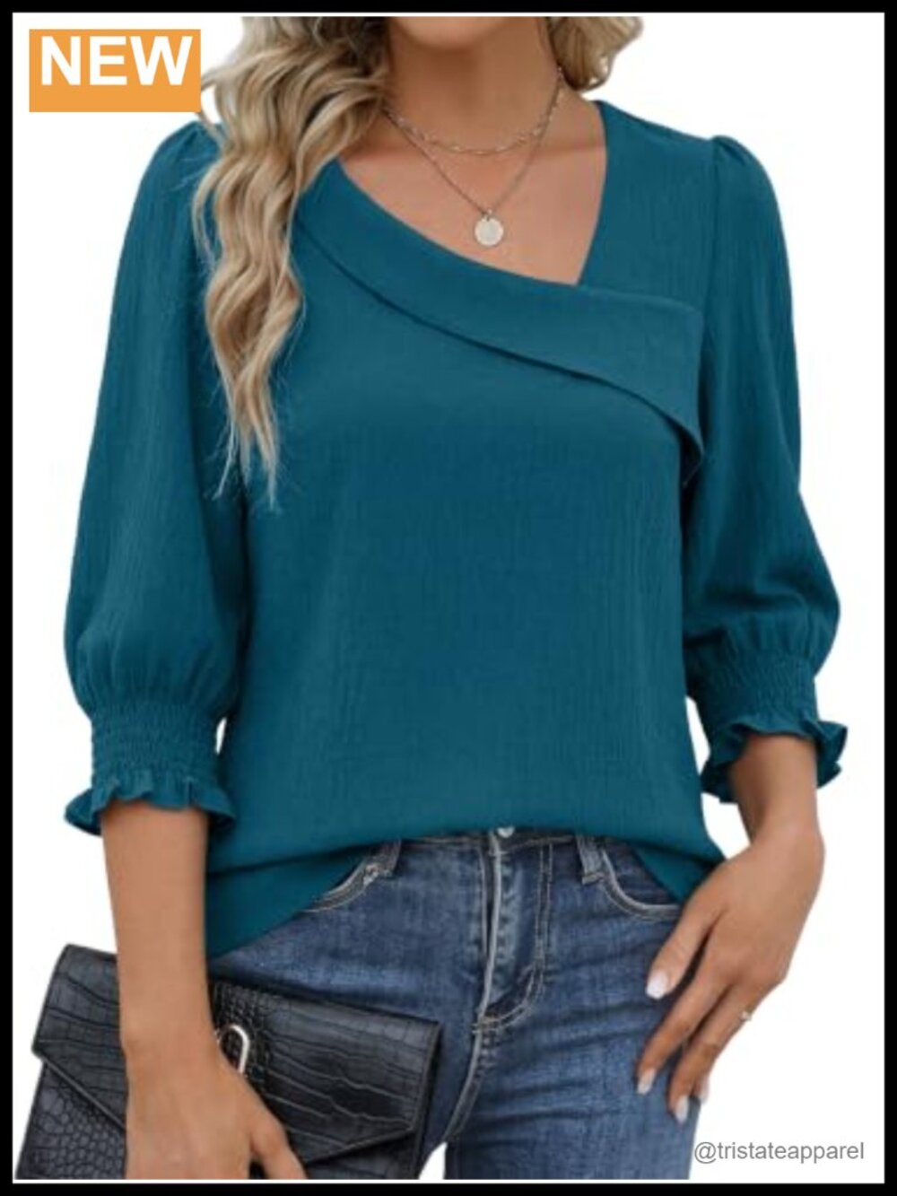 3/4 Sleeve Womens Asymmetric Neck Smocked Cuff Tunic Blouse